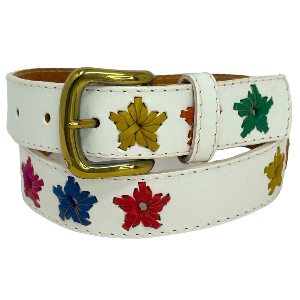 Retro Look White Multicolored Braided Star Leather Belt